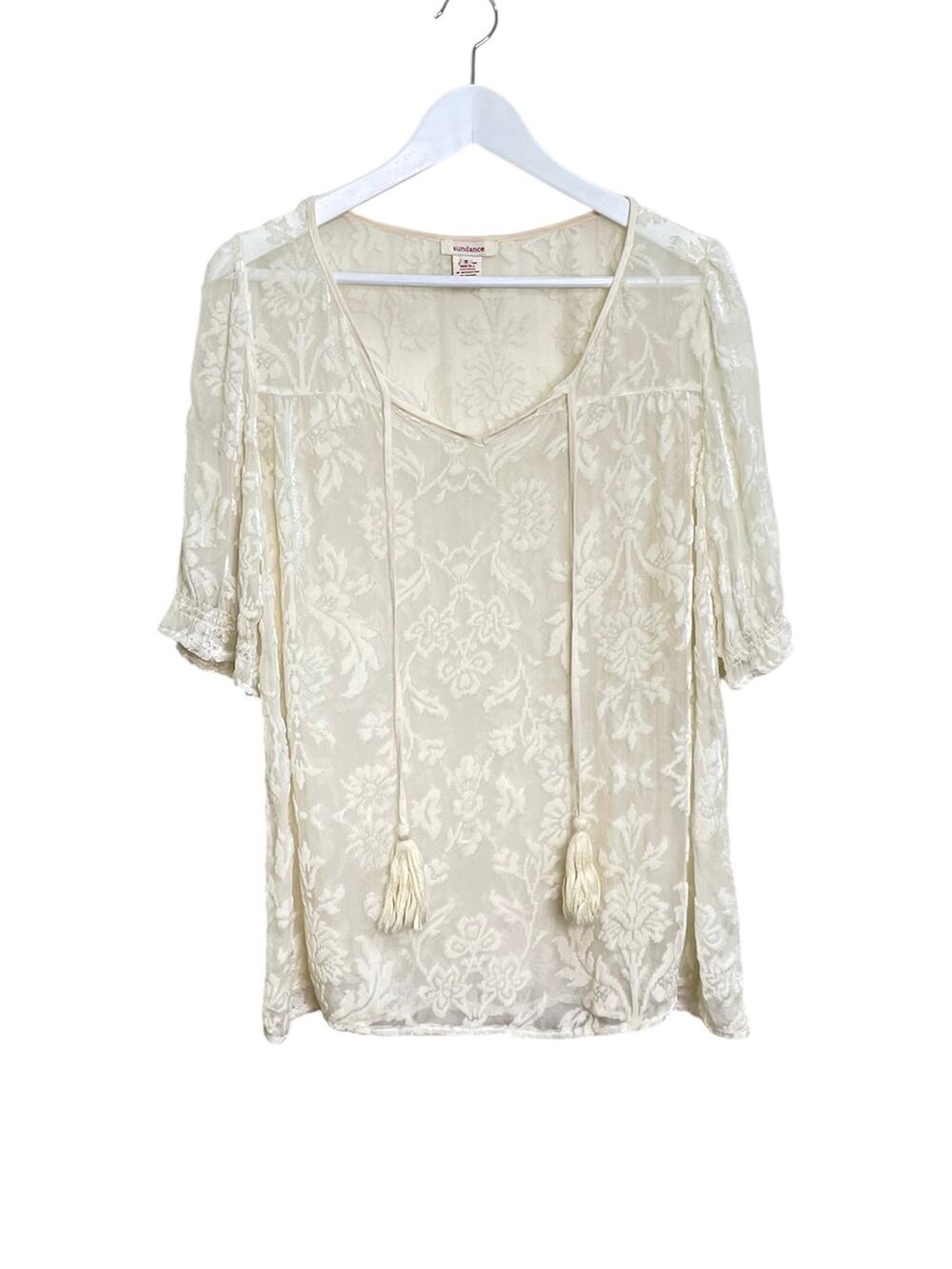 Sundance Size S Cream Silk Blend Burnout Velvet Tassel Short Sleeve Boho Shirt